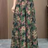 Plus Size Green Elastic Waist Print Ice Silk Wide Leg Pants
