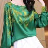 Plus Size Green O-Neck Butterfly Print Silk Blouse Tops Long Sleeve