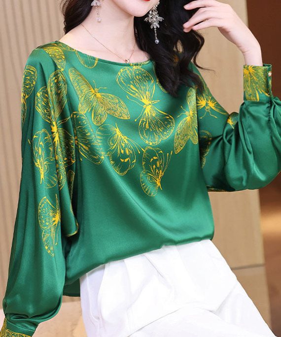 Plus Size Green O-Neck Butterfly Print Silk Blouse Tops Long Sleeve