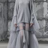 Plus Size Grey Oversized Patchwork Tulle Sweater Dress Fall