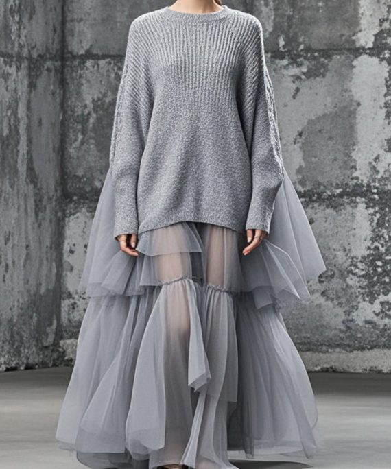 Plus Size Grey Oversized Patchwork Tulle Sweater Dress Fall