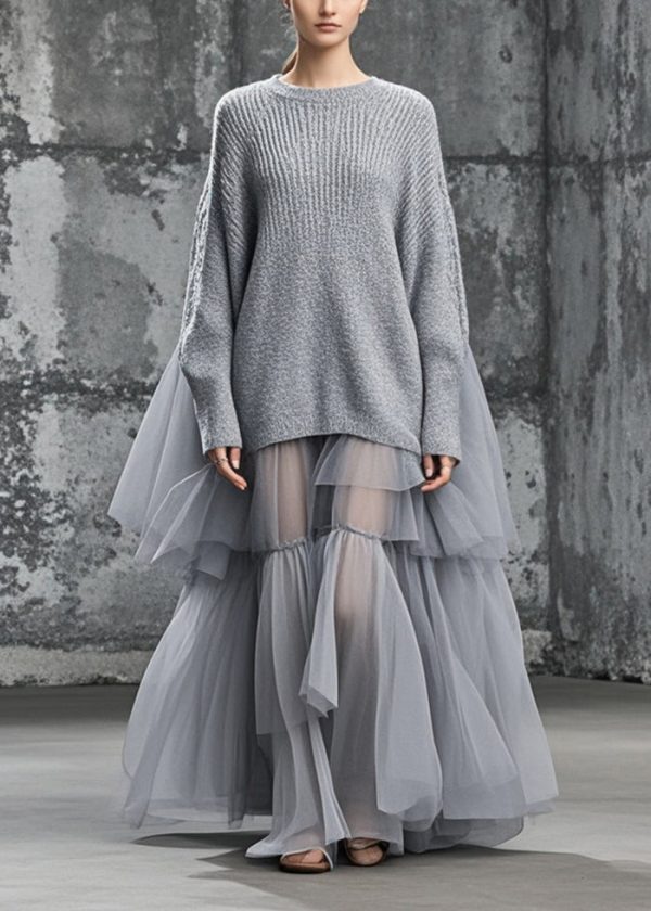 Plus Size Grey Oversized Patchwork Tulle Sweater Dress Fall - Image 3