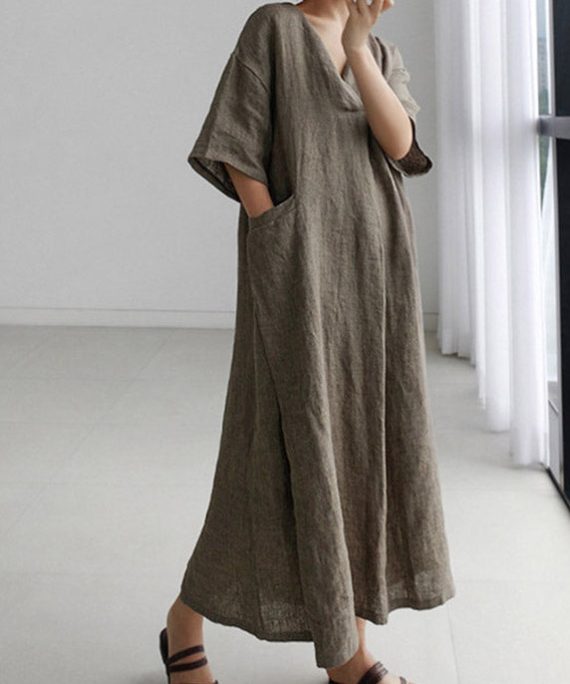 Plus Size Grey Peter Pan Collar Pockets Linen Long Dresses Short Sleeve