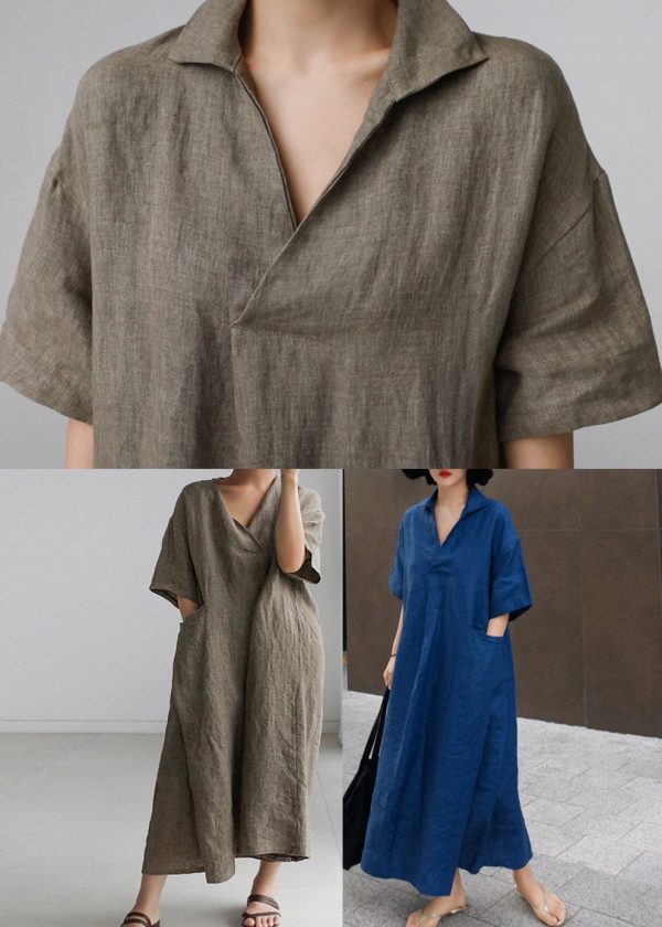 Plus Size Grey Peter Pan Collar Pockets Linen Long Dresses Short Sleeve - Image 5