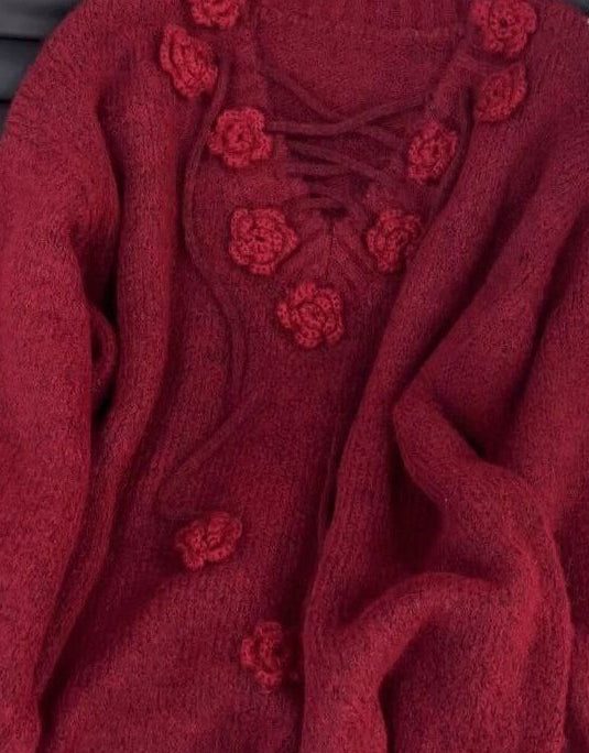 Plus Size Mulberry V Neck Floral Knit Sweater Tops Spring