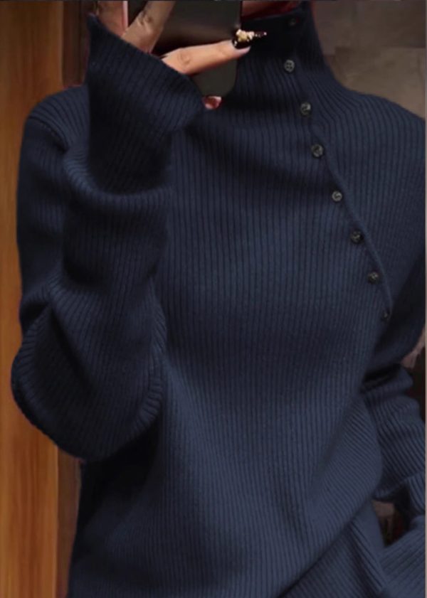 Plus Size Navy High Neck Knit Sweater Tops Spring - Image 2