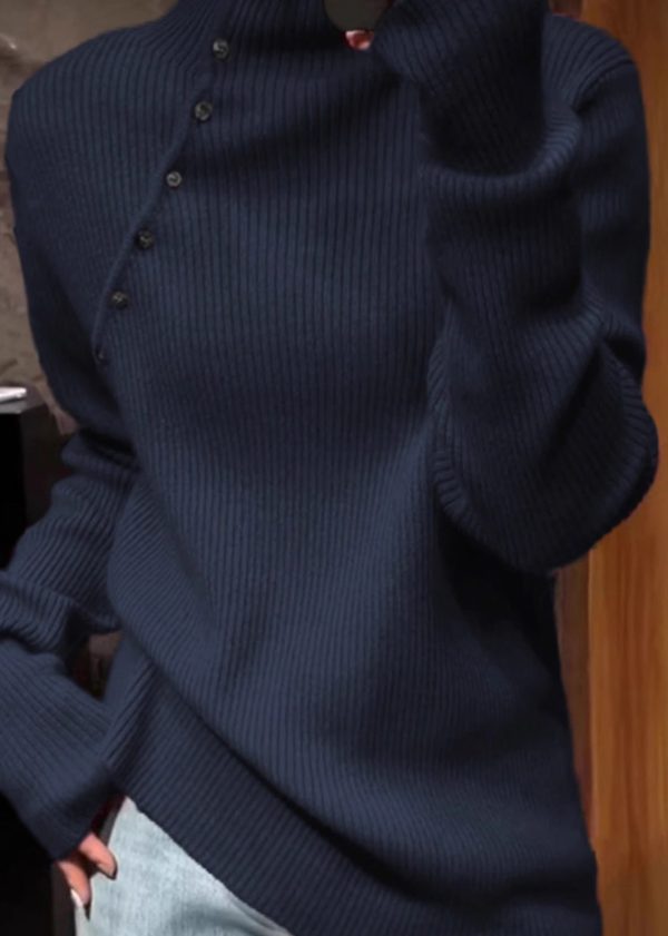 Plus Size Navy High Neck Knit Sweater Tops Spring - Image 3