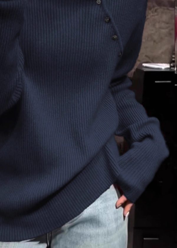 Plus Size Navy High Neck Knit Sweater Tops Spring - Image 4