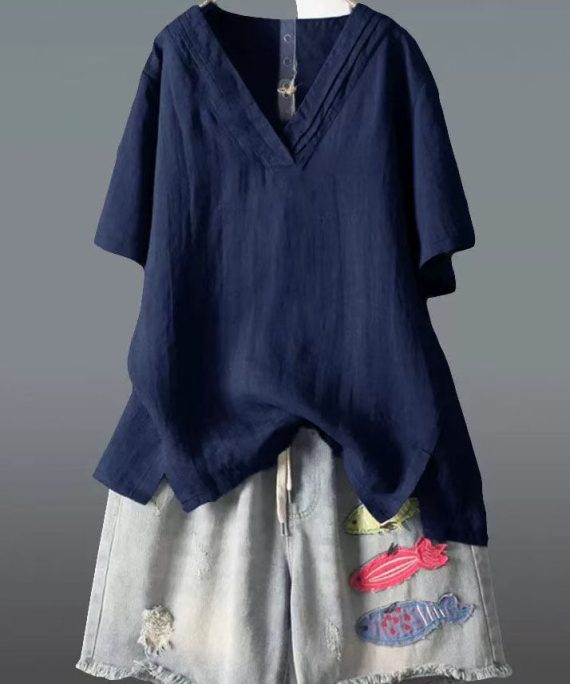 Plus Size Navy V Neck Wrinkled Linen Tank Summer