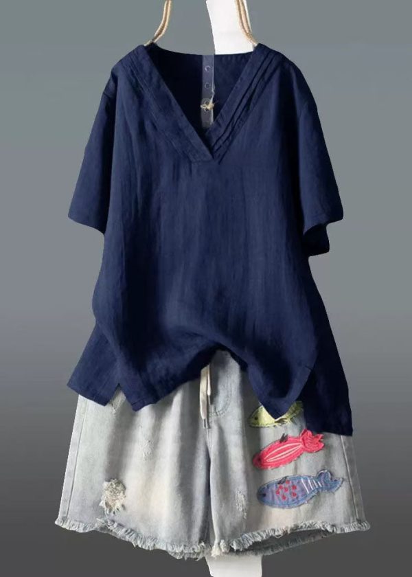 Plus Size Navy V Neck Wrinkled Linen Tank Summer