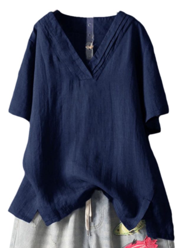Plus Size Navy V Neck Wrinkled Linen Tank Summer - Image 5