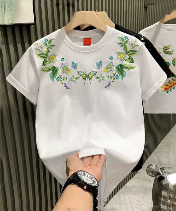 Plus Size White Embroideried Solid Cotton Mens Neutral Tshirt Summer