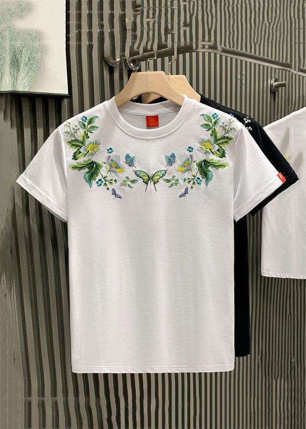 Plus Size White Embroideried Solid Cotton Mens Neutral Tshirt Summer - Image 3