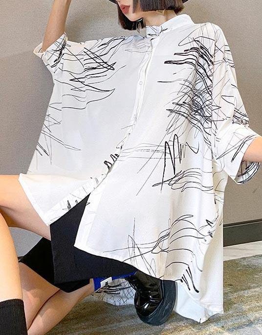 Plus Size White Print Button low high design Cotton Blouses