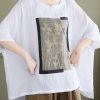 Plus Size White Print Low High Design Cotton Blouses Bracelet Sleeve