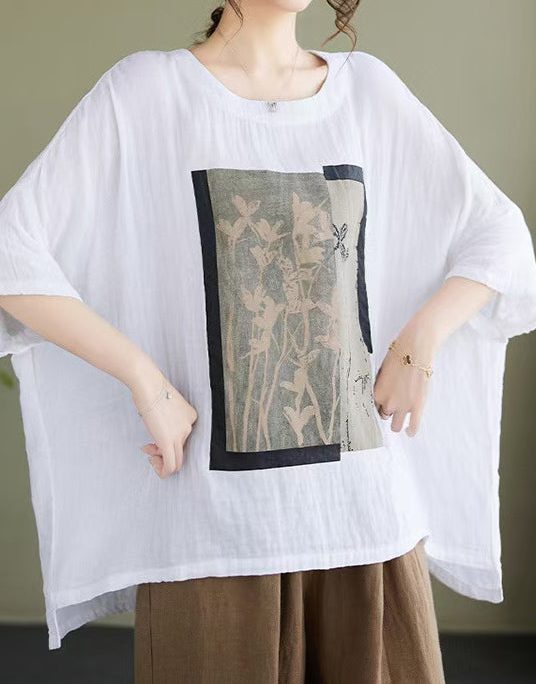 Plus Size White Print Low High Design Cotton Blouses Bracelet Sleeve