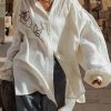 Plus Size White Stand Collar Rose Cotton Top Lantern Sleeve