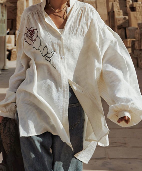 Plus Size White Stand Collar Rose Cotton Top Lantern Sleeve