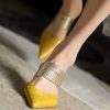 Pointed Toe Yellow Cowhide Leather Splicing Stiletto Slide Sandals