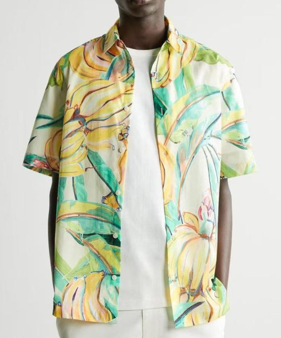Print Button Cotton Mens Shirts Peter Pan Collar Summer