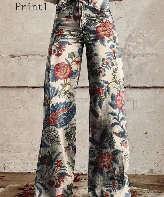 Print Pockets Loose Denim Wide Leg Pants High Waist Spring
