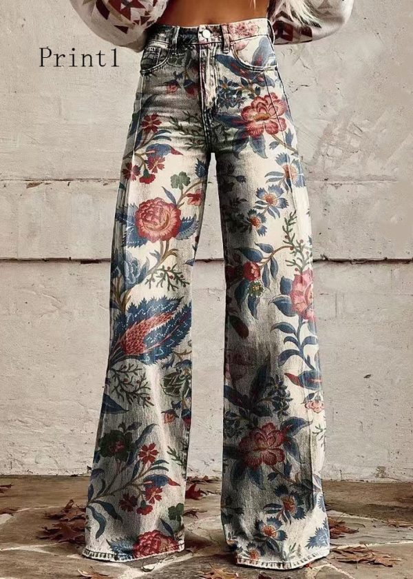 Print Pockets Loose Denim Wide Leg Pants High Waist Spring