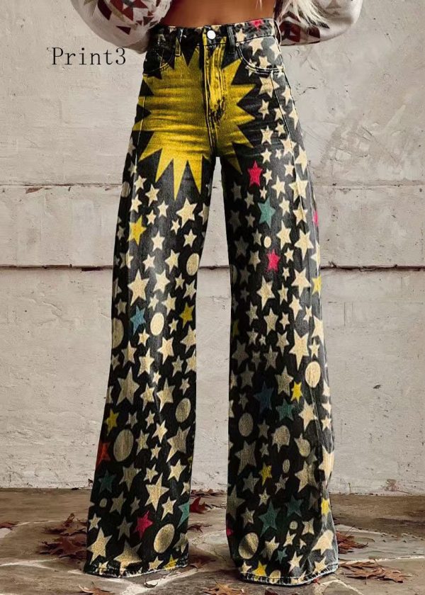 Print Pockets Loose Denim Wide Leg Pants High Waist Spring - Image 3