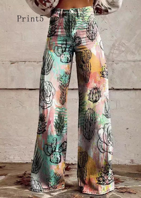 Print Pockets Loose Denim Wide Leg Pants High Waist Spring - Image 5