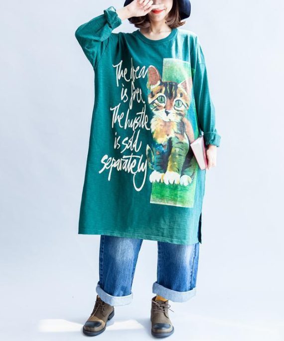Pure cotton green cat print oversized dresses plus size causal jumpers