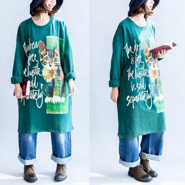 Pure cotton green cat print oversized dresses plus size causal jumpers - Image 2