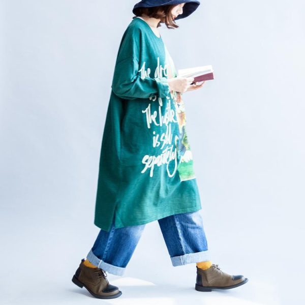 Pure cotton green cat print oversized dresses plus size causal jumpers - Image 3