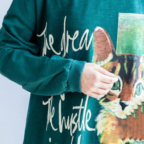 Pure cotton green cat print oversized dresses plus size causal jumpers - Image 5