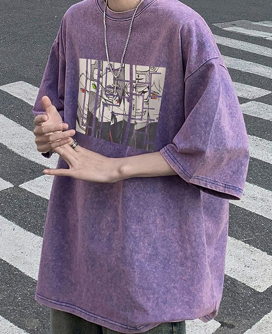 Purple Cartoon Print Cotton Mens T Shirts O Neck Half Sleeve
