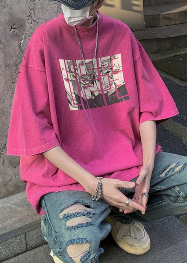 Purple Cartoon Print Cotton Mens T Shirts O Neck Half Sleeve - Image 4