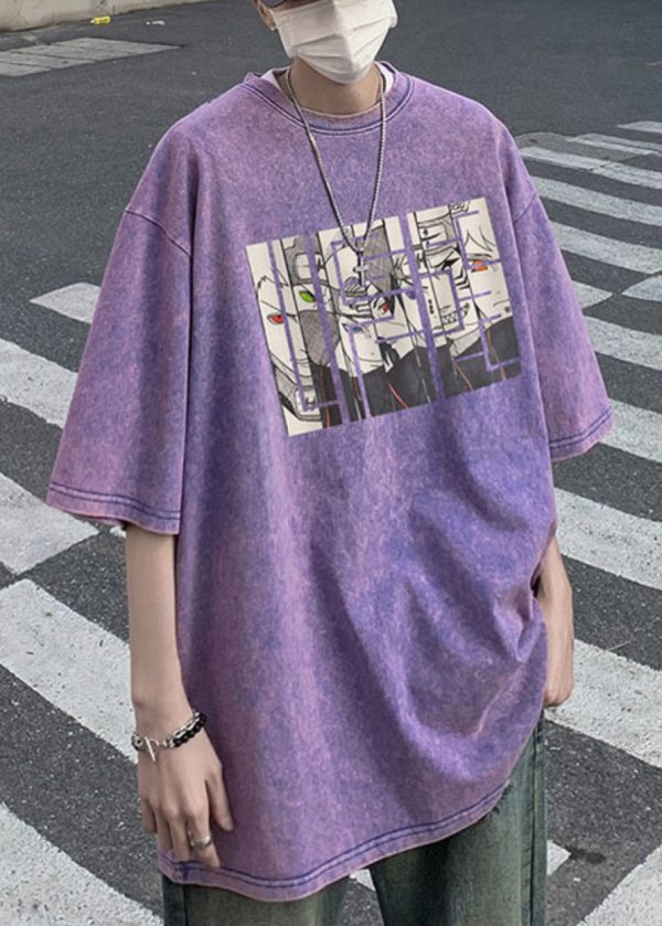 Purple Cartoon Print Cotton Mens T Shirts O Neck Half Sleeve - Image 5