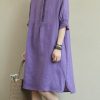 Purple Patchwork low high design Cotton Dress Half Sleeve