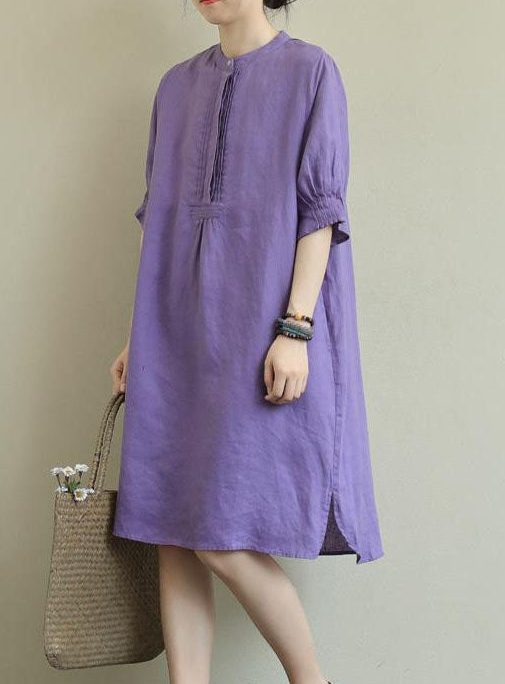Purple Patchwork low high design Cotton Dress Half Sleeve