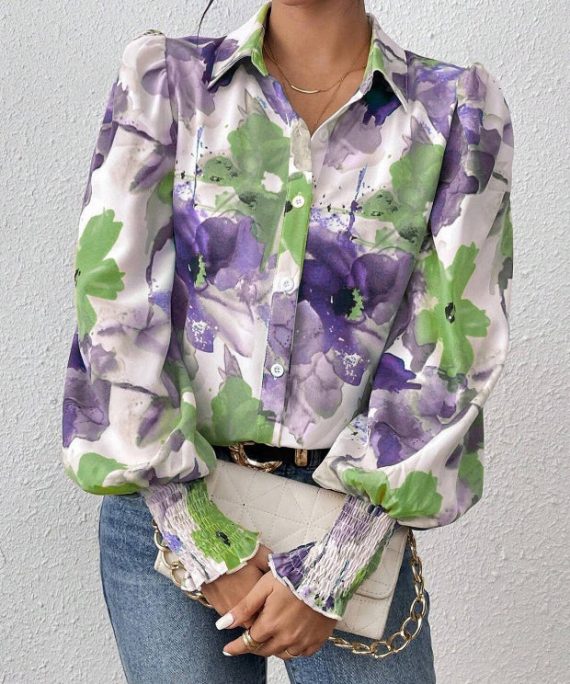 Purple Print Cotton Spring Blouse Peter Pan Collar