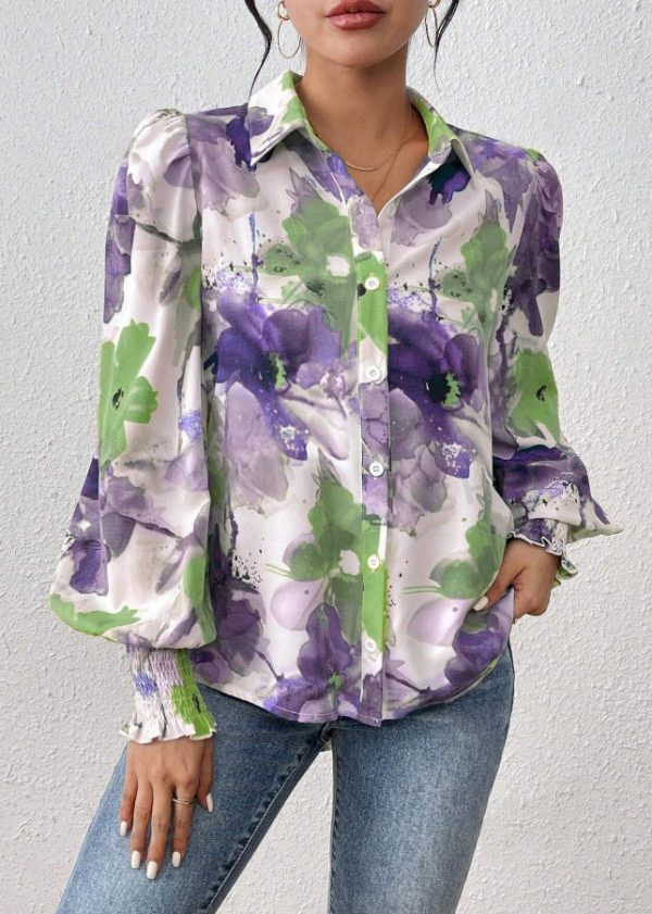Purple Print Cotton Spring Blouse Peter Pan Collar - Image 2