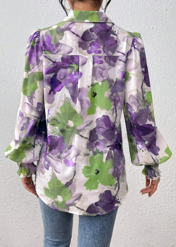 Purple Print Cotton Spring Blouse Peter Pan Collar - Image 4