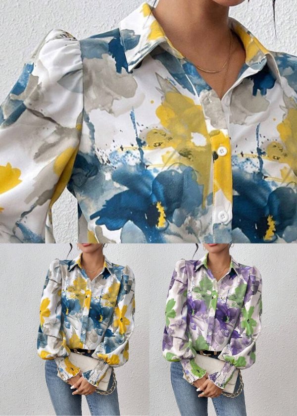 Purple Print Cotton Spring Blouse Peter Pan Collar - Image 5