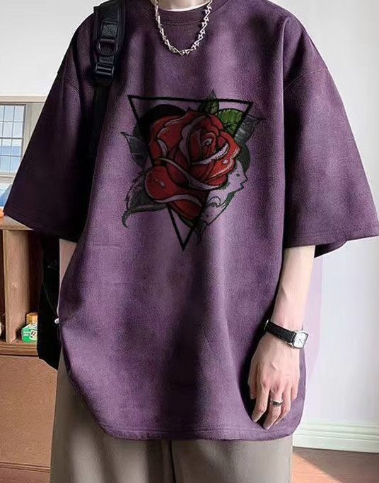 Purple Print Faux Suede Mens T Shirts O Neck Half Sleeve