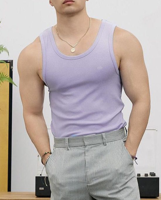 Purple Solid Slim Fit Cotton Men Tank O Neck Sleeveless