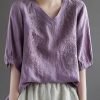 Purple V Neck Floral Embroideried T Shirt Half Sleeve