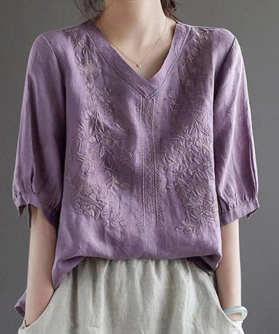 Purple V Neck Floral Embroideried T Shirt Half Sleeve