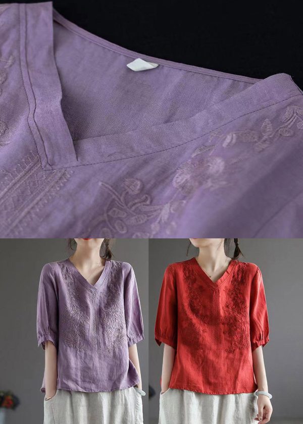 Purple V Neck Floral Embroideried T Shirt Half Sleeve - Image 4