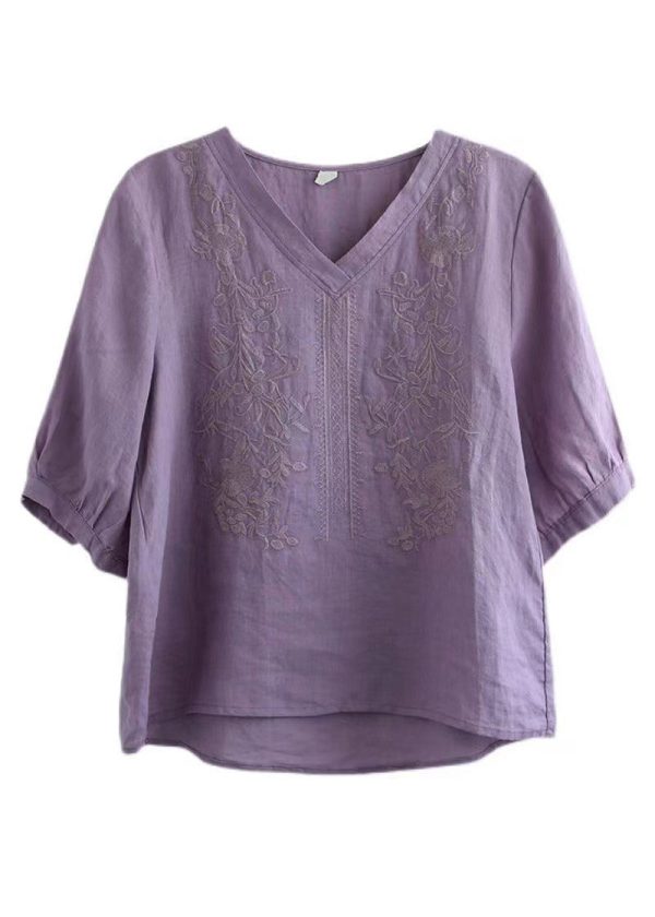Purple V Neck Floral Embroideried T Shirt Half Sleeve - Image 5