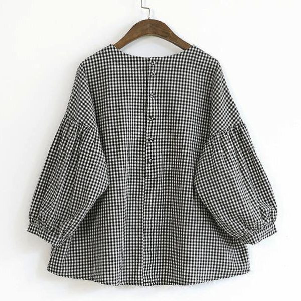 French Plaid Cotton Women Fine Sewing Asymmetric Plus Size Clothing Blouse - Image 6