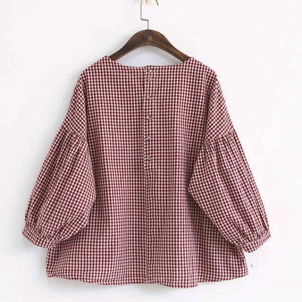 French Plaid Cotton Women Fine Sewing Asymmetric Plus Size Clothing Blouse - Image 7