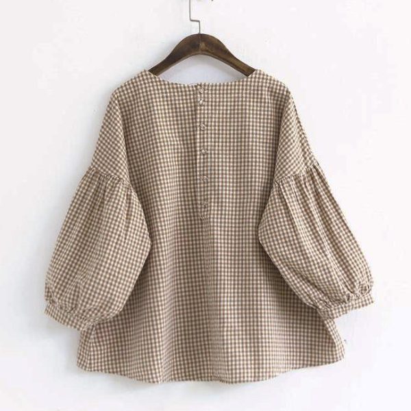 French Plaid Cotton Women Fine Sewing Asymmetric Plus Size Clothing Blouse - Image 8